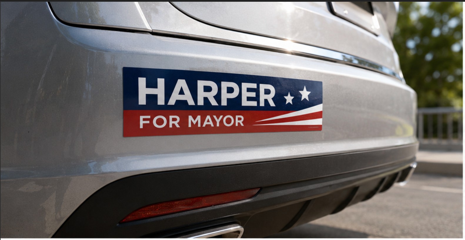 Glossy vinyl Harper for Mayor bumper sticker applied to a vehicle bumper
