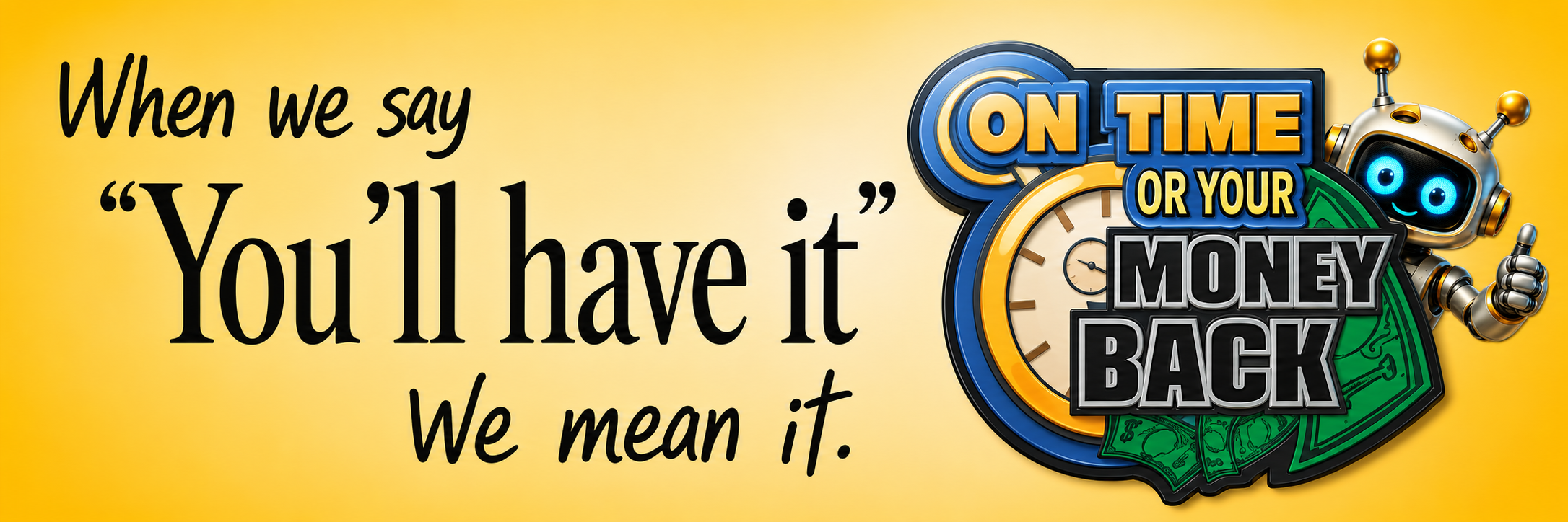 When we say You'll have it We mean it. On Time or Your Money Back.