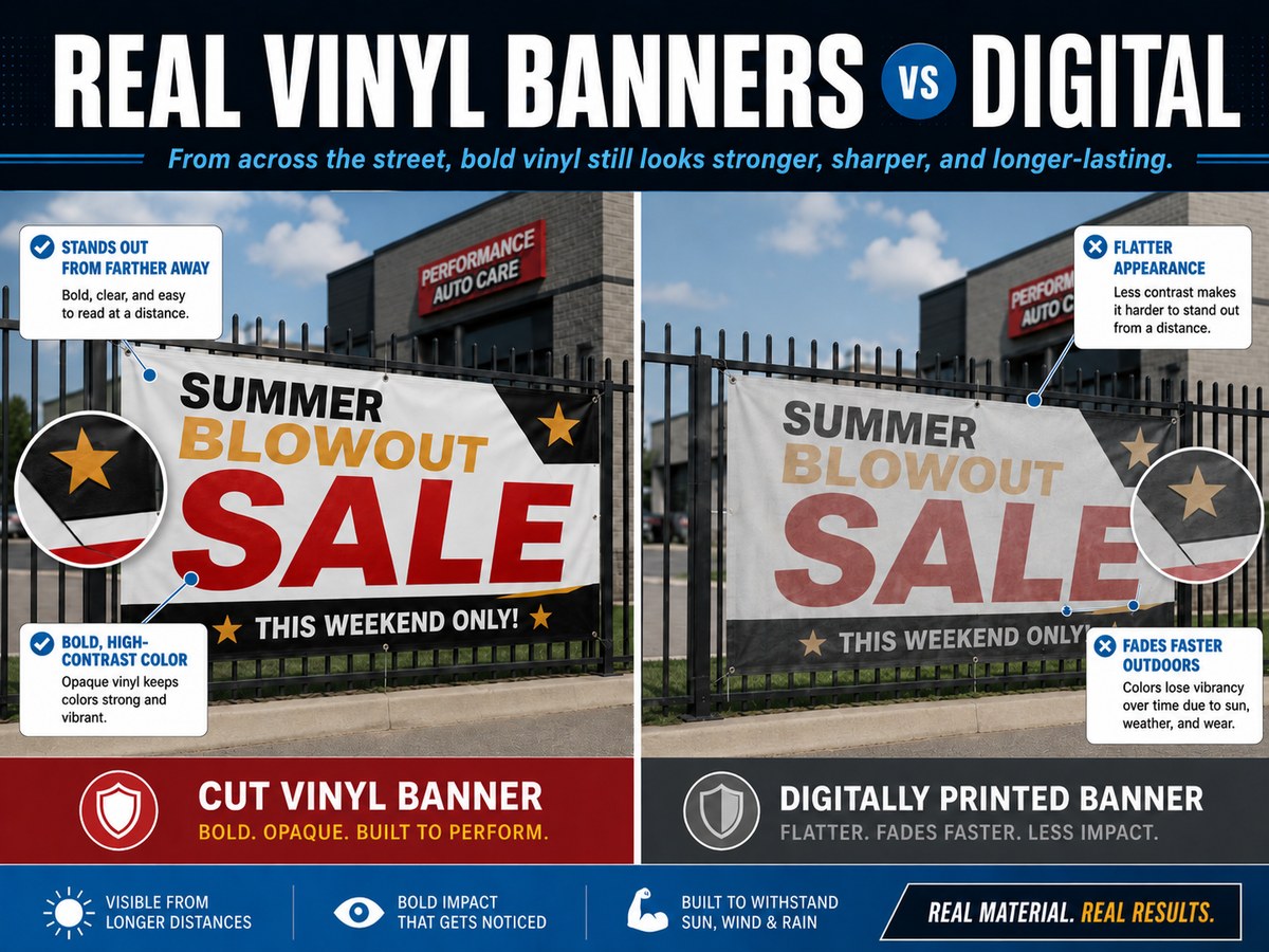 Comparison showing a crisp, bold cut vinyl banner on the left and a flatter, faded digitally printed banner on the right.