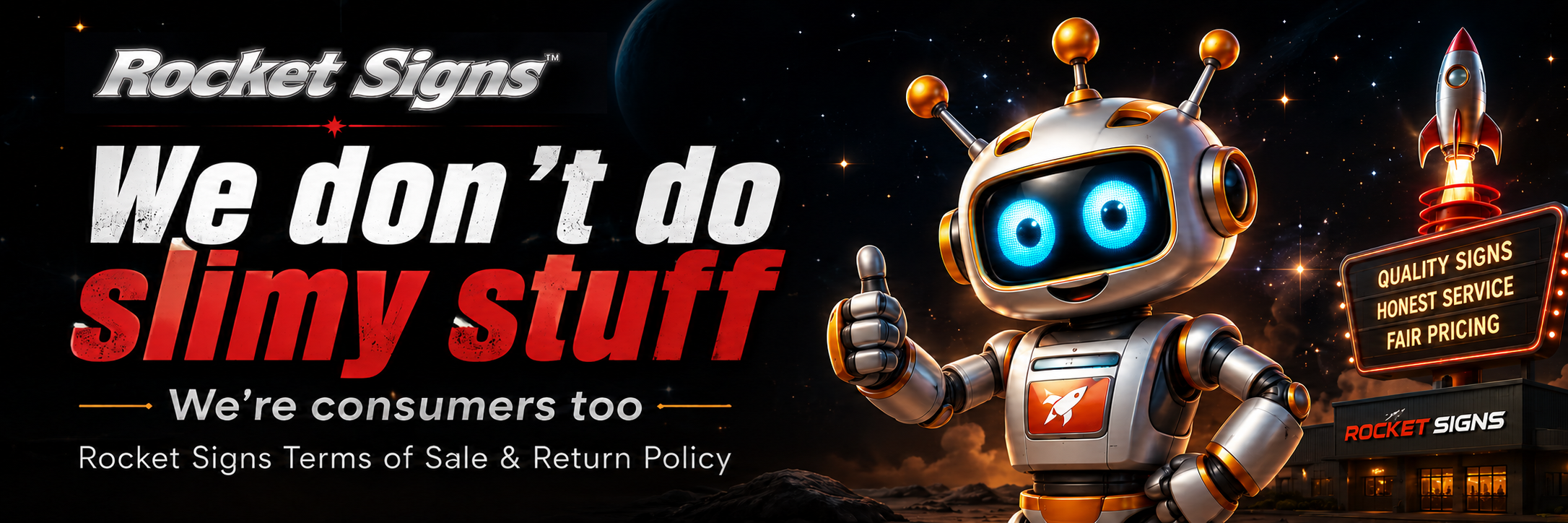 We don't do slimy stuff. We're consumers too. Rocket Signs Terms of Sale and Return Policy